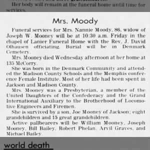 Obituary for Nannie Moody