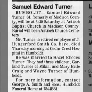 Obituary for Samuel Edward Turner